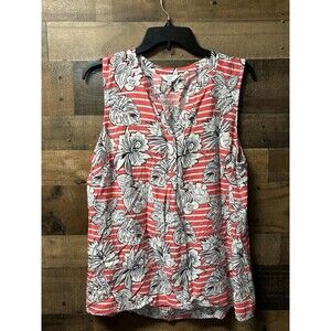 Crown & Ivy Top 2X Pink White Stripe With Palm Pattern Sleeveless Blouse Rayon